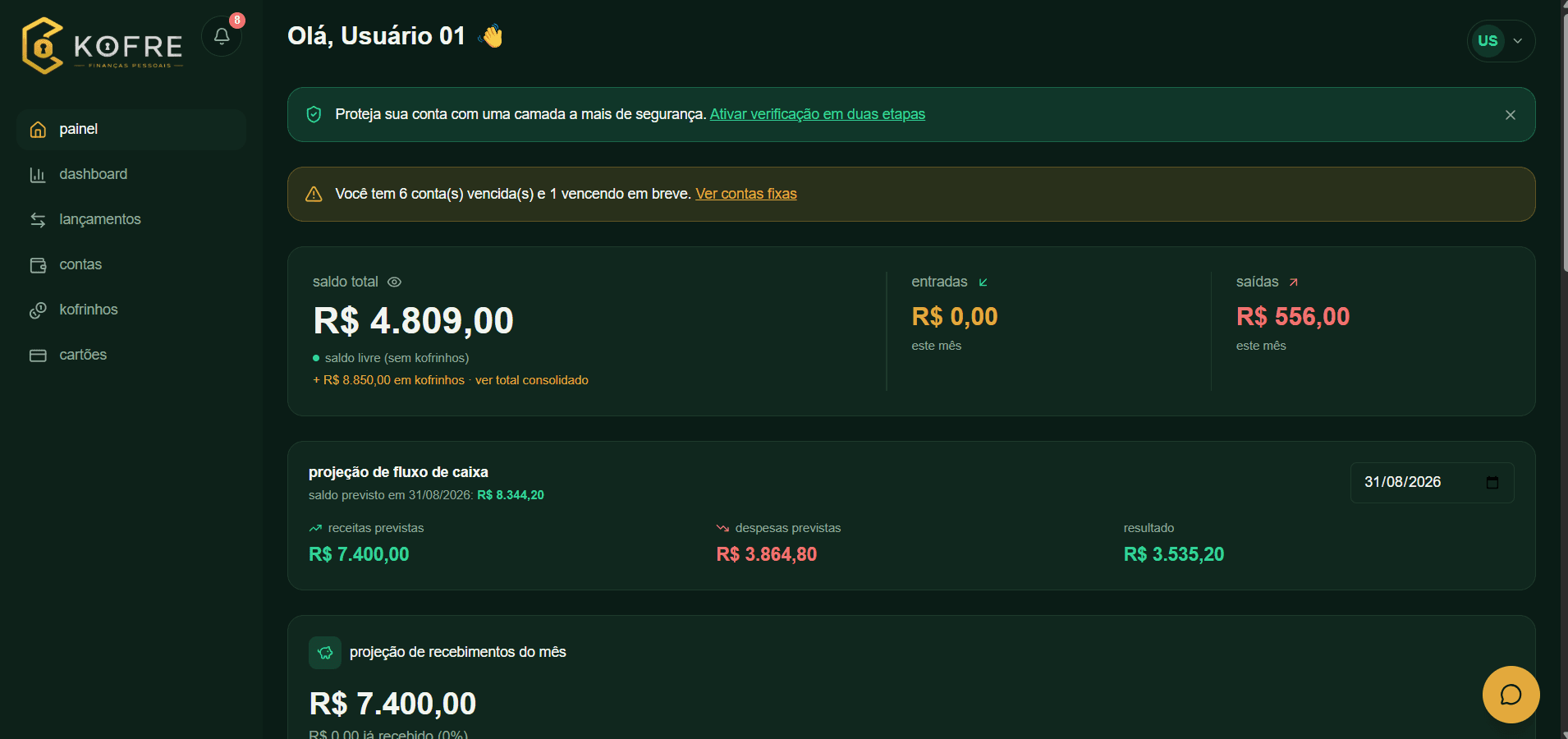 Painel do KOFRE mostrando saldo, projeção de fluxo de caixa e recebimentos