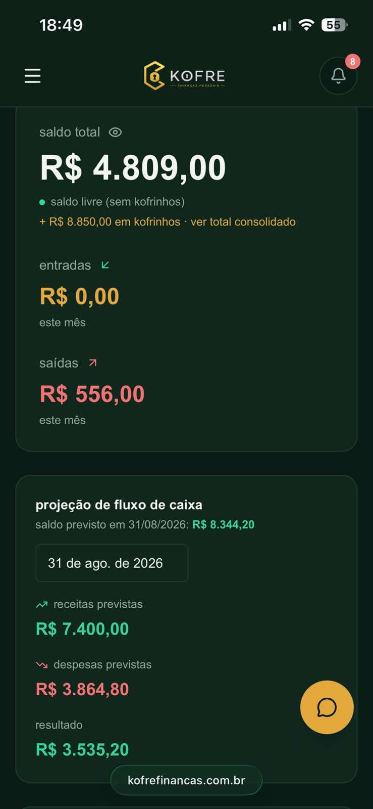 Painel do KOFRE no celular